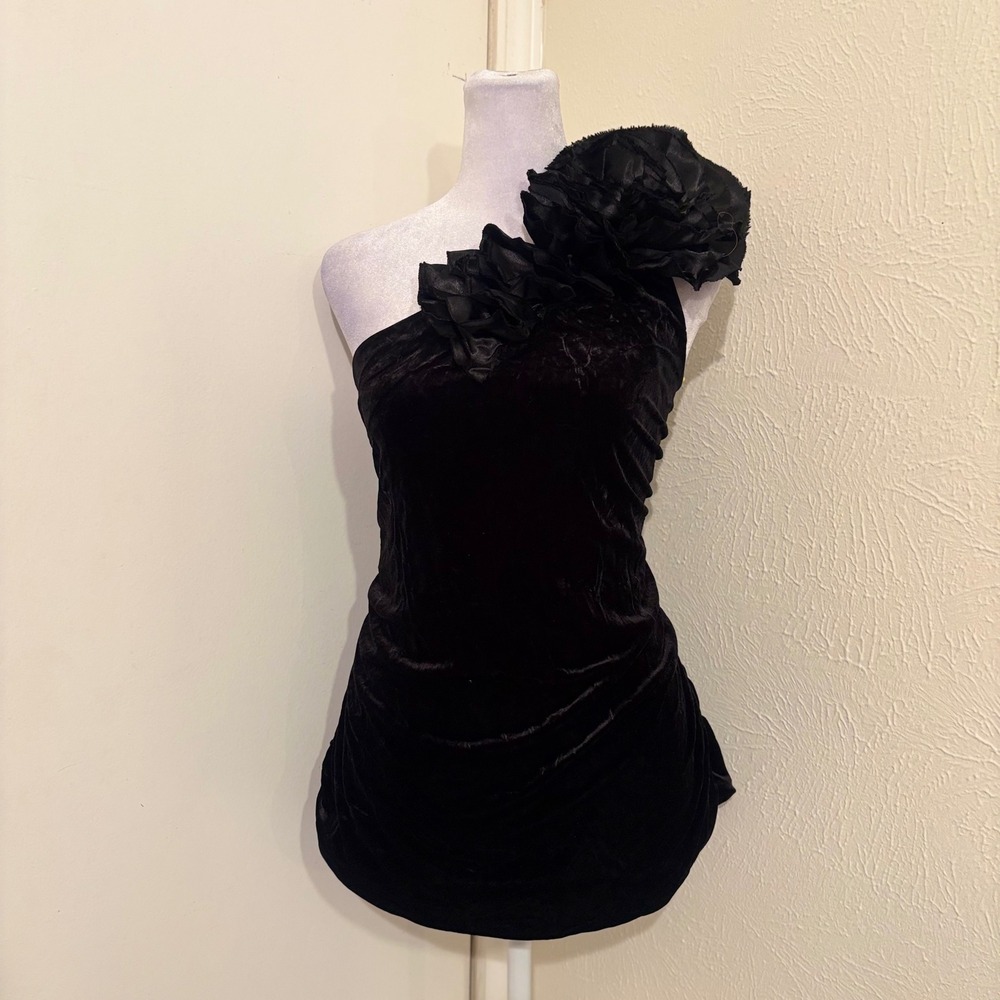 Y2K Black Velvet One Shoulder Dramatic Rosette Ruched Top Gothic Whimsygoth Sz L